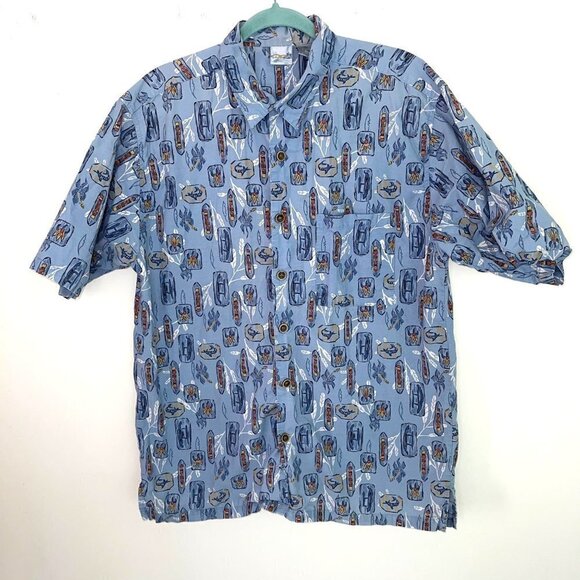 OP Sport Tiki Print Shirt Mens Size Large L Vintage Button Up Pure Cotton Blue - Picture 10 of 11